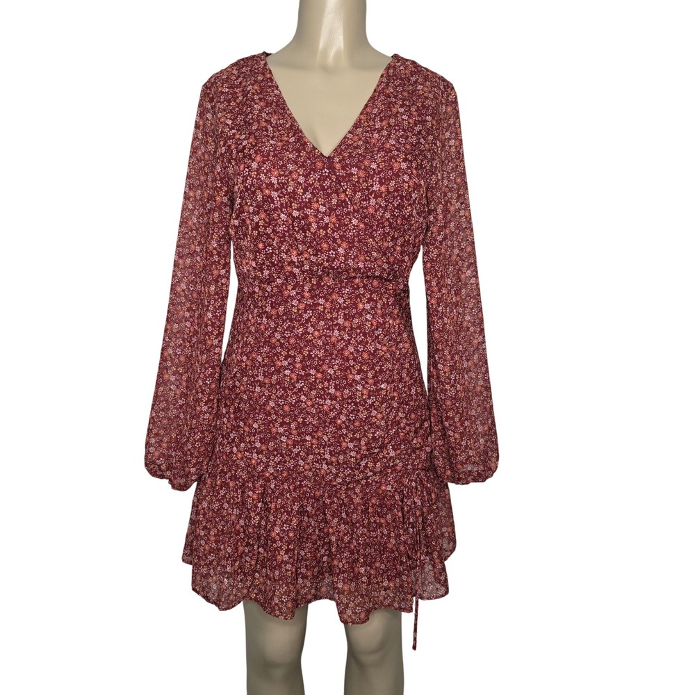 Lush Dress Womens Medium Red Brick Ditsy Floral Faux Wrap Ruffle Mini Boho NEW
